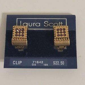 Laura Scott Gold-tone & Faux Amethyst Huggie Clip-on Earrings NOS